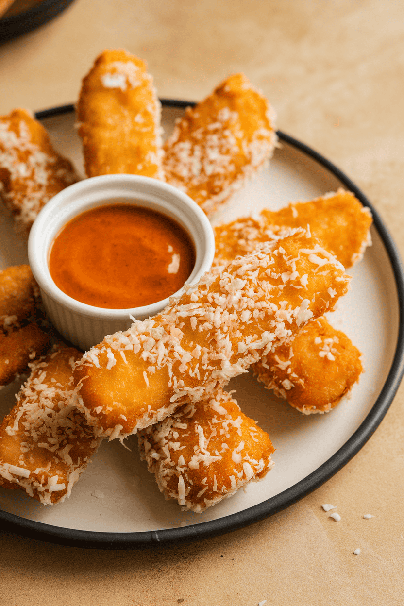 A softly lit indoor plate of golden-brown fish fingers coated in shredded coconut, accompanied by a small ramekin of sweet chili dipping sauce. No text or logos visible.