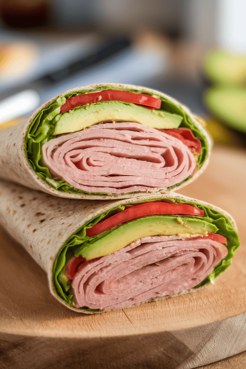 Photo prompt: Indoor close-up of a halved whole-wheat wrap showing sliced turkey, avocado, lettuce, and tomato; no text or logos present.