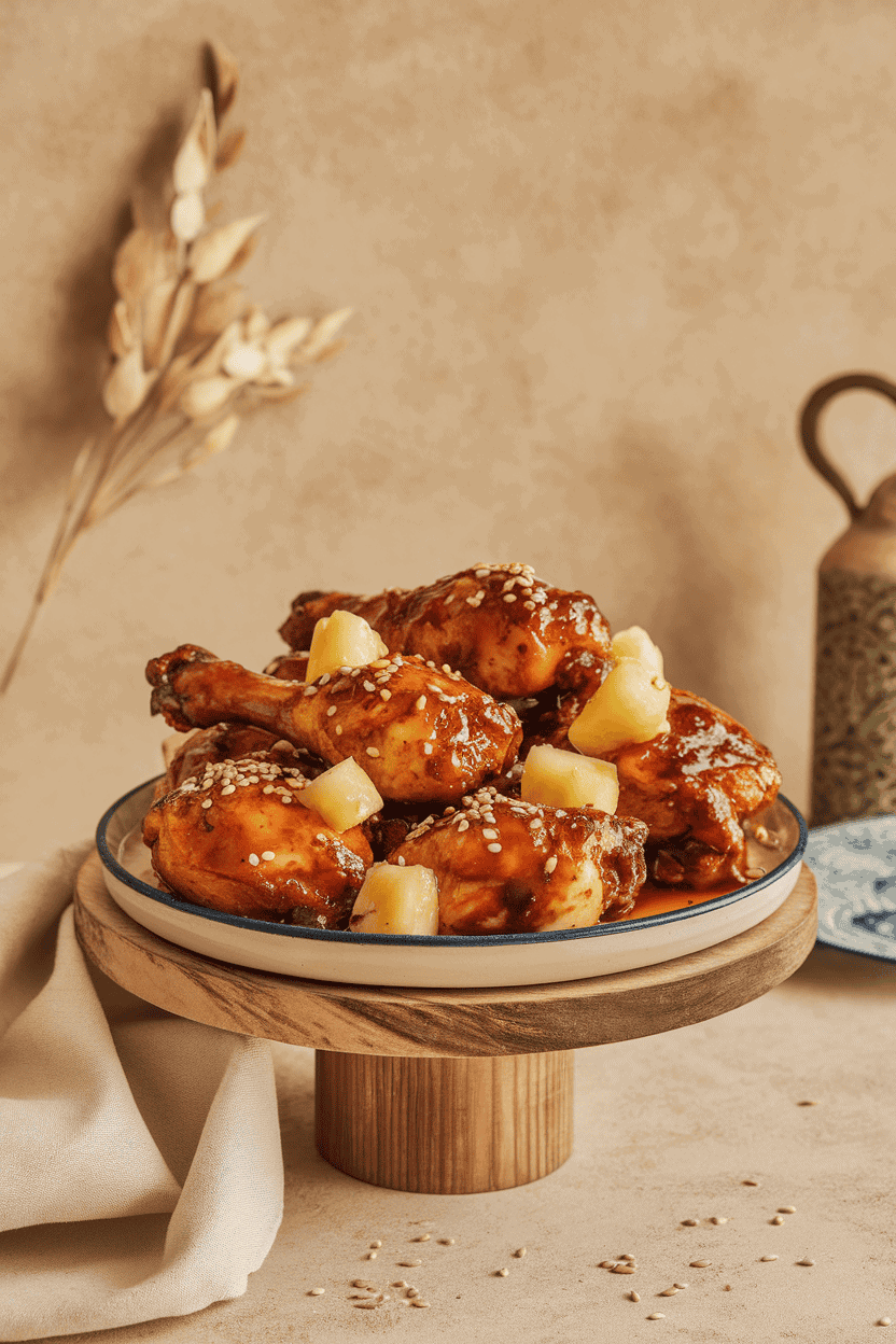 An indoor platter of cooked teriyaki-glazed chicken pieces garnished with pineapple chunks and sesame seeds—photo, no text or logos.