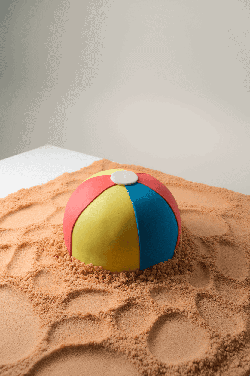 Indoor photo of a perfectly round, brightly colored cake decorated like a classic beach ball, resting on a “sand” cookie crumb base; no text or logos.