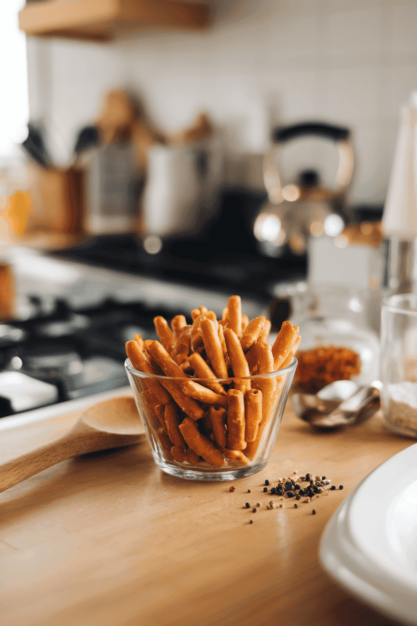 A small glass bowl filled with golden mini pretzel twists placed on an indoor kitchen island under gentle overhead lighting. No text or logos present, photo only.