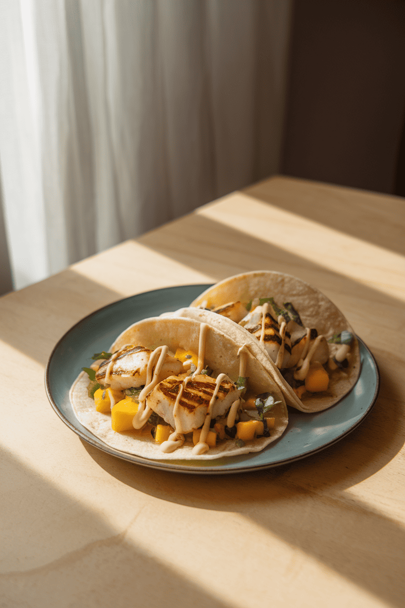 A softly lit indoor table showing two assembled tacos: grilled mahi-mahi chunks, bright mango salsa, and a drizzle of creamy lime sauce inside warm corn tortillas. No text or logos visible.