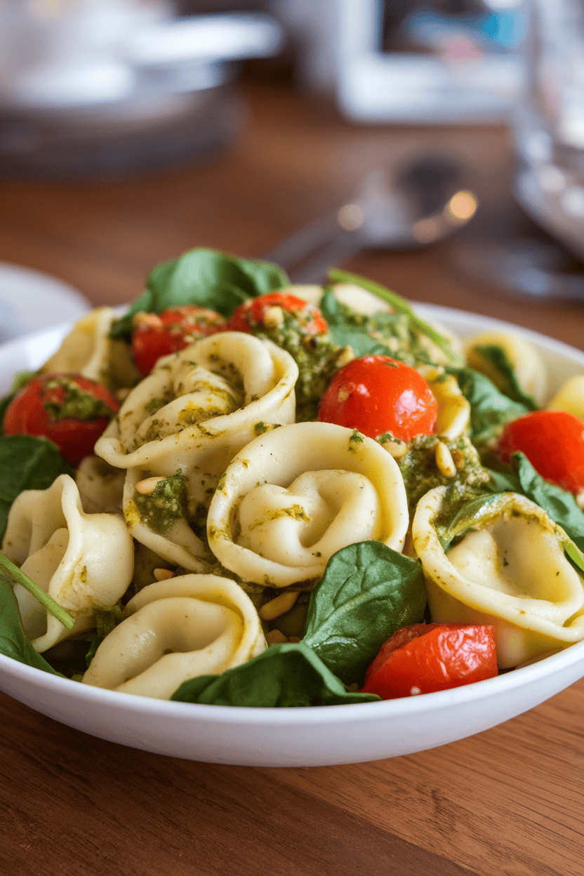 Indoor dining table with a bowl of cheese tortellini tossed in bright green pesto, cherry tomatoes, and baby spinach, served chilled; no text or logos, photograph.