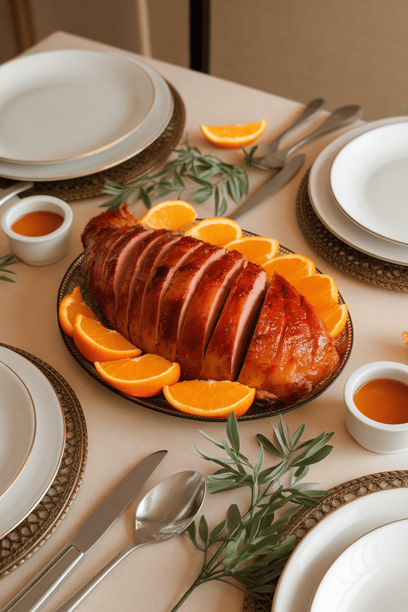 Indoor dining room table with sliced roast duck breast, crisp skin lacquered with orange glaze, orange segments alongside; no text or logos.