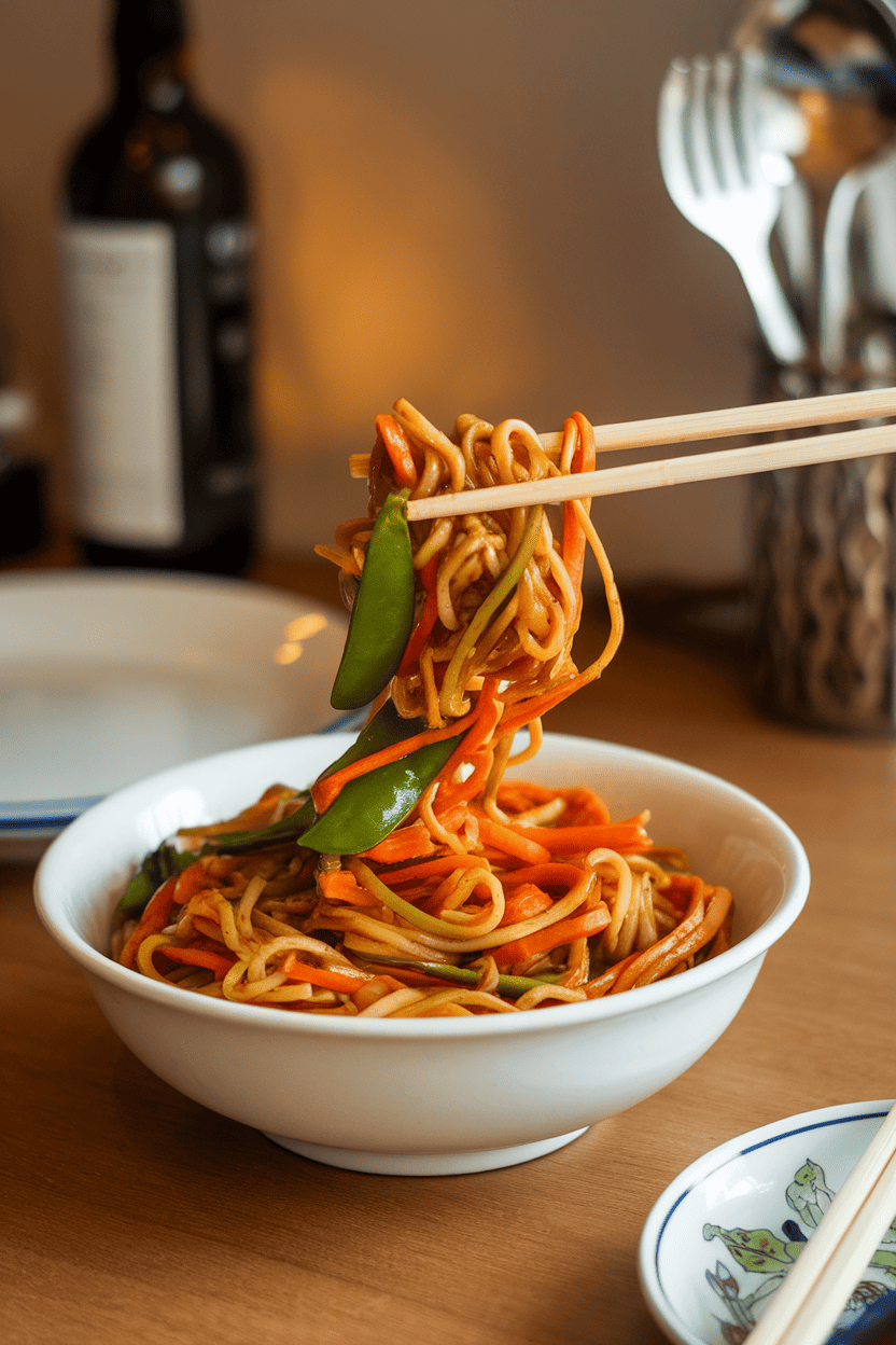 Photo of glossy vegetable lo mein with snap peas and carrots twirled around chopsticks in an indoor setting; no text or logos on bowls or utensils.