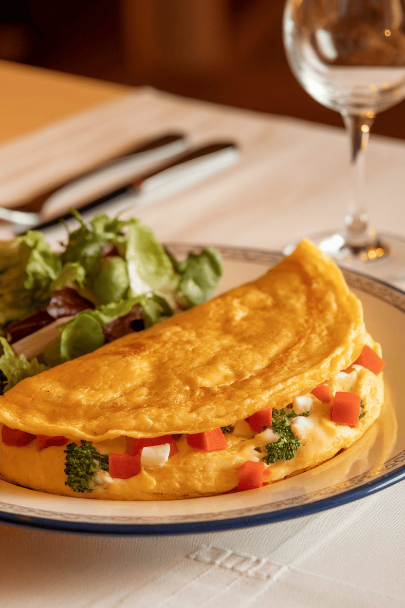 Photo indoors of a fluffy three-egg omelette folded around diced vegetables and cheese on a dinner plate, side salad alongside; no text or logos.