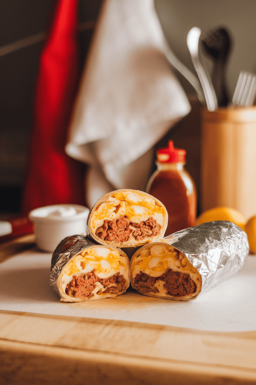 A cozy indoor countertop scene with a foil-wrapped burrito cut in half, revealing scrambled eggs, sausage, and melted cheese; no logos or text visible. Photo, not illustration.
