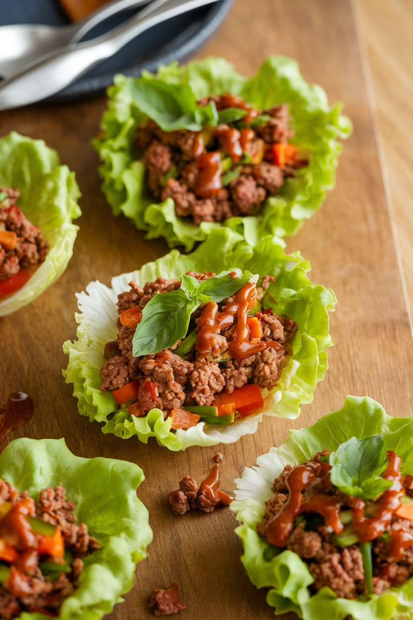 Indoor tabletop image of crisp lettuce cups filled with ground beef, basil, and vegetables, lightly drizzled with sauce. Soft light, no text or logos. Photo, not illustration.