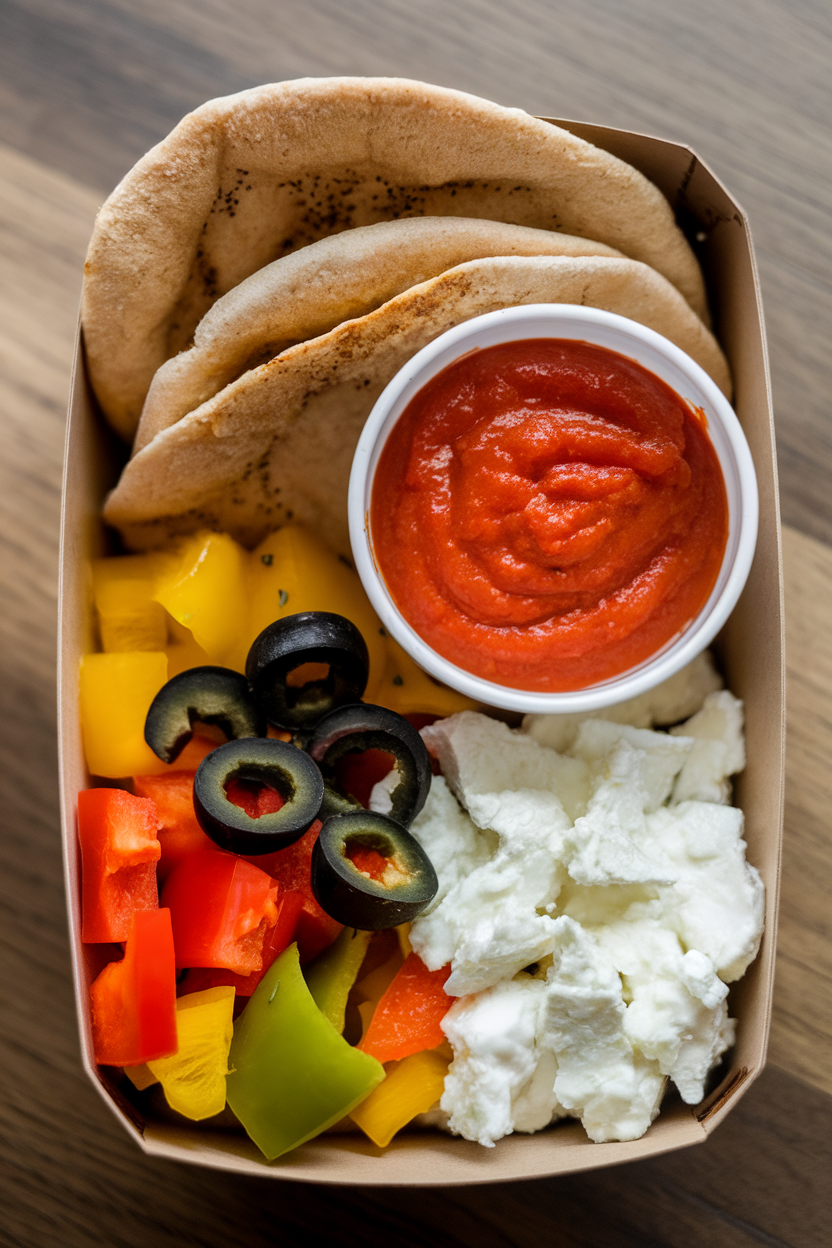 Indoor photo of a bento box holding whole-wheat pita rounds, a small cup of tomato basil sauce, diced bell peppers, black olive rings, and grated part-skim mozzarella—no logos or text anywhere.