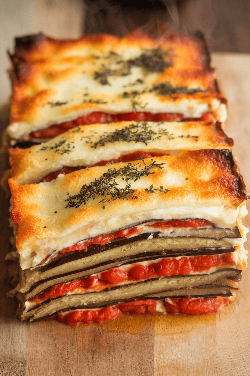 An indoor casserole slice of moussaka layered with eggplant, tomato, and a light béchamel topping, steam rising. No text or logos visible.