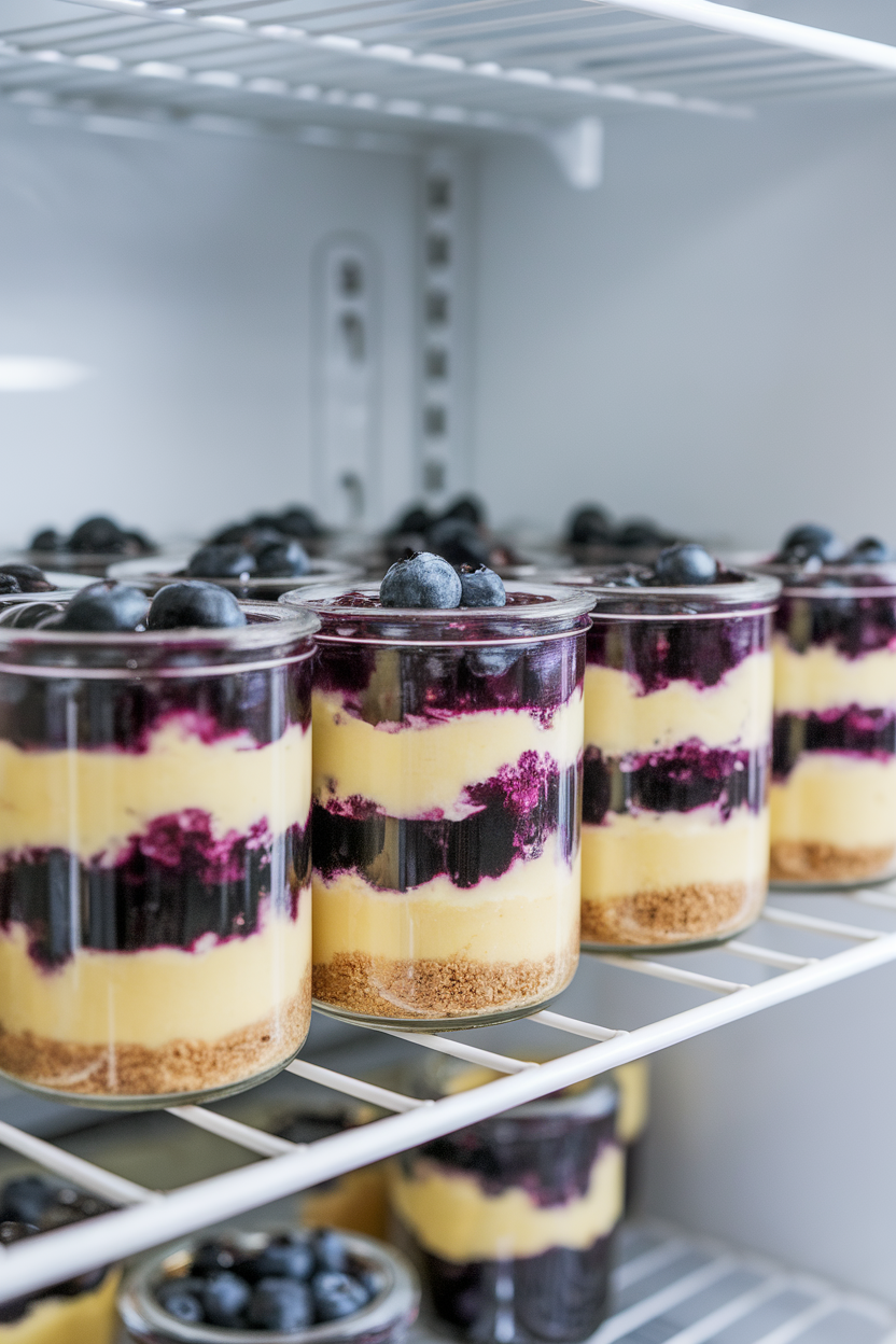 Photo of an indoor refrigerator shelf holding mini glass jars layered with graham crust, lemon cheesecake filling, and blueberry compote. Front-on view; no text or logos.