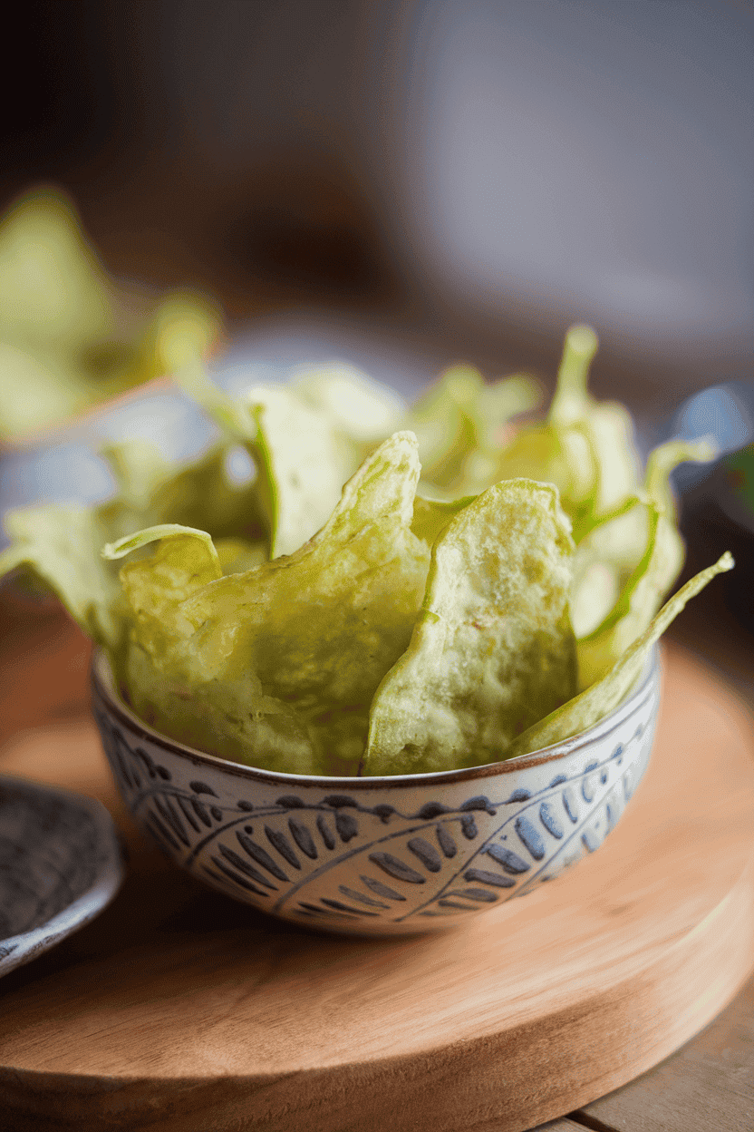 An indoor serving dish containing light green, airy snap pea crisps photographed under soft daylight bulbs. No text or logos visible.