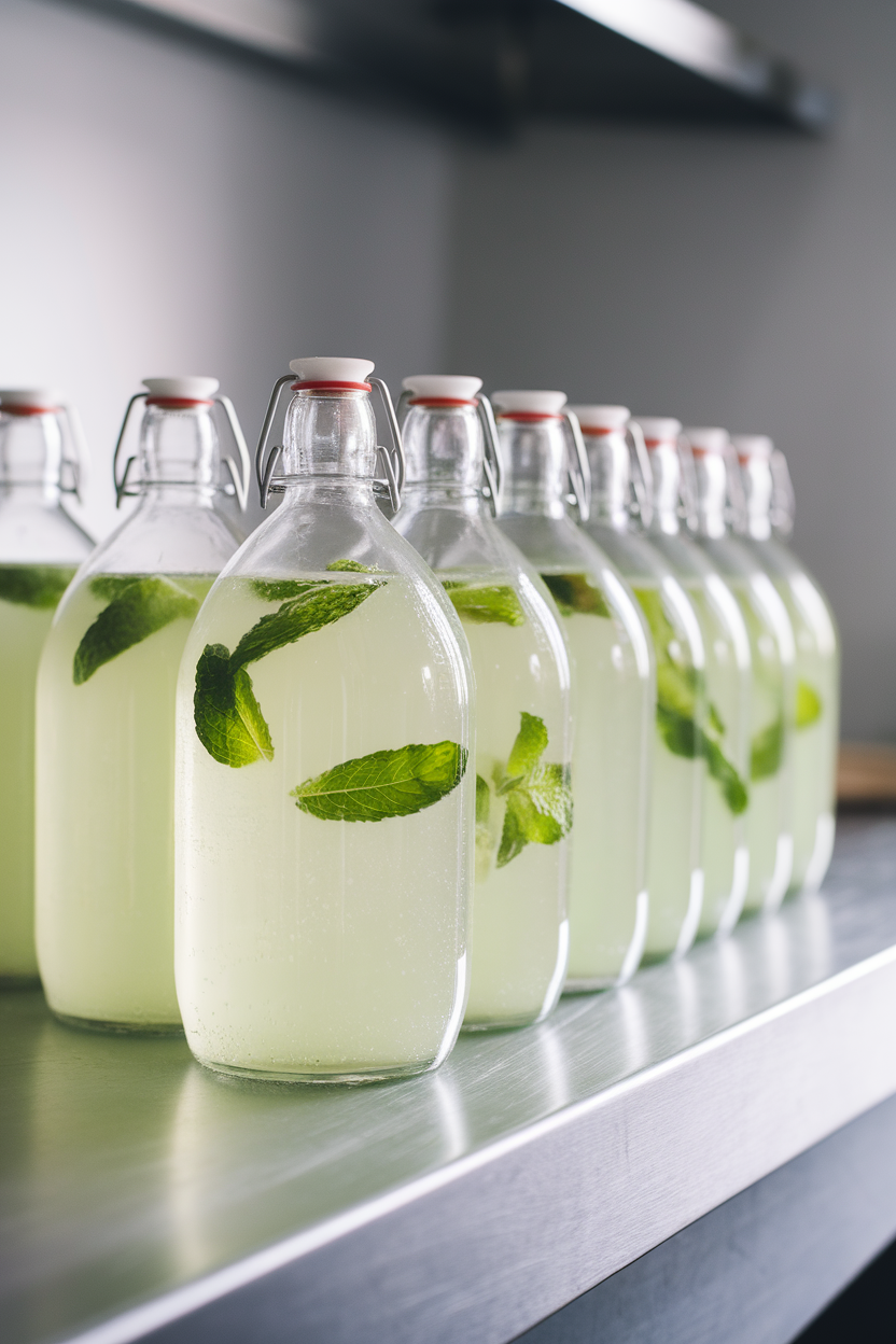 Photo of an indoor countertop lined with clear flip-top bottles filled with pale green sparkling limeade and fresh mint leaves floating. Soft diffused lighting; no text or logos visible.