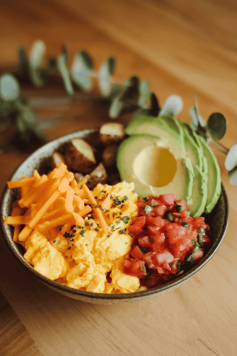 Photo of a bowl containing scrambled eggs, roasted potatoes, cheese, salsa, and avocado slices indoors under warm lighting. No logos or text visible.