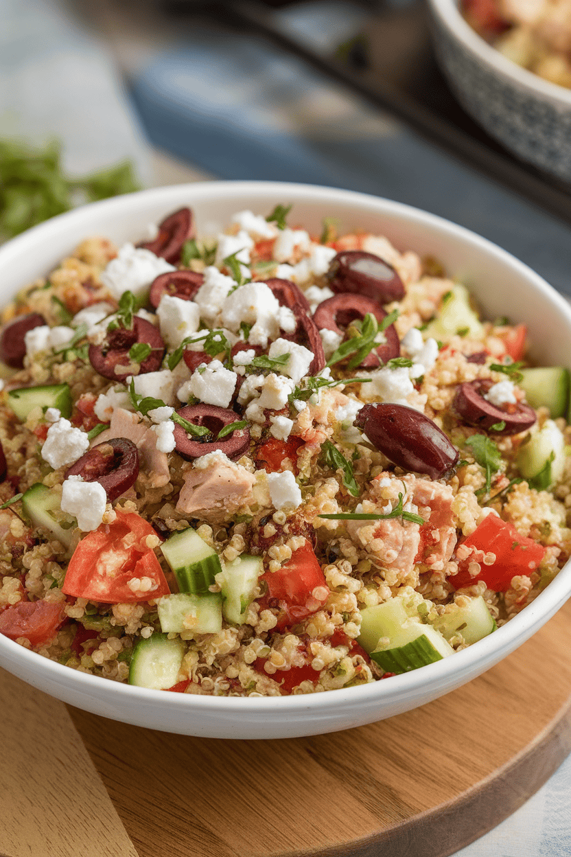An indoor serving bowl of colorful quinoa salad loaded with diced chicken, cucumber, tomato, olives, and feta crumbles. No text or logos anywhere.