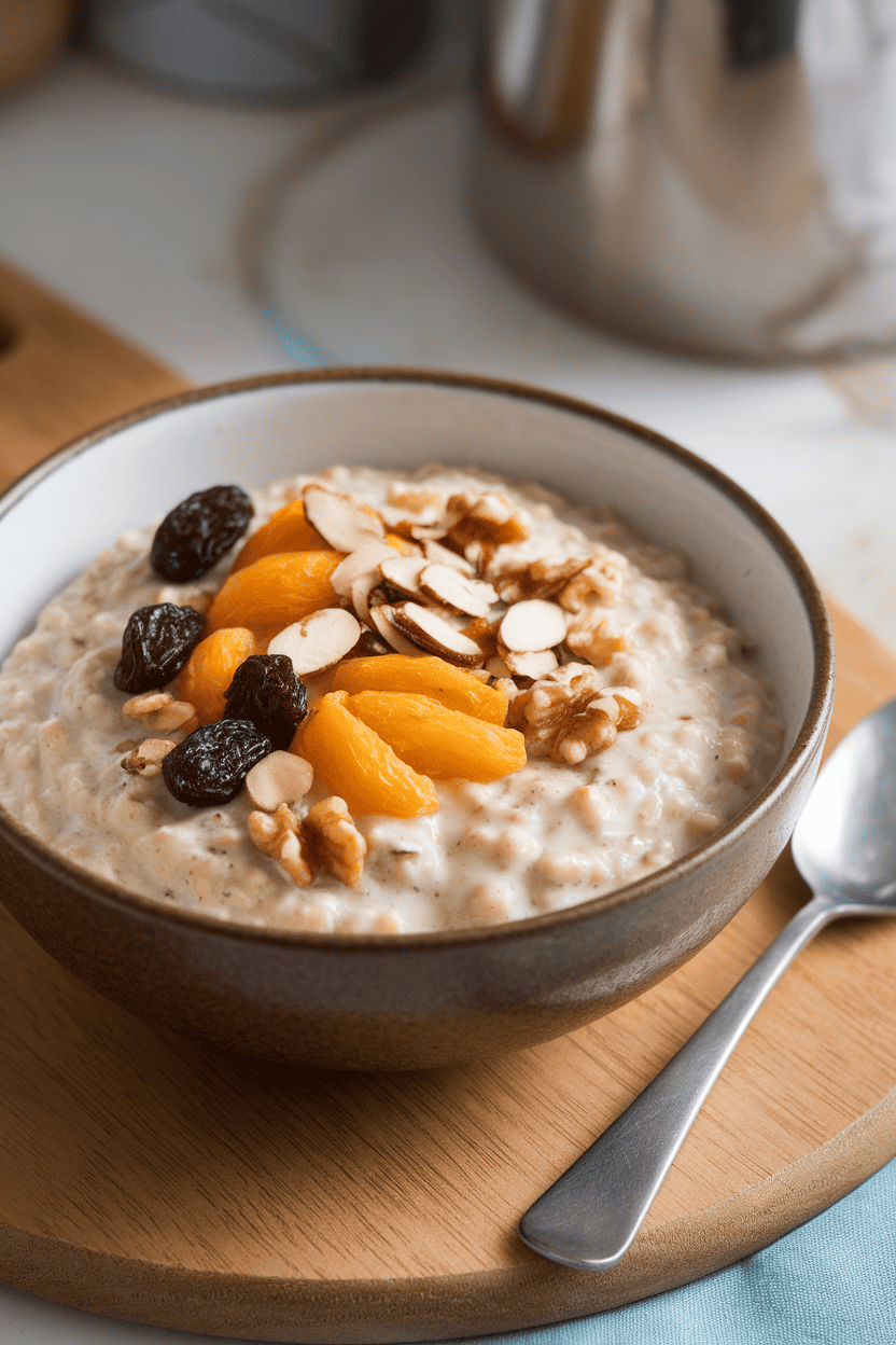 An indoor bowl of creamy oatmeal made with coconut milk, topped with dried fruit and nuts—photo, no text or logos.