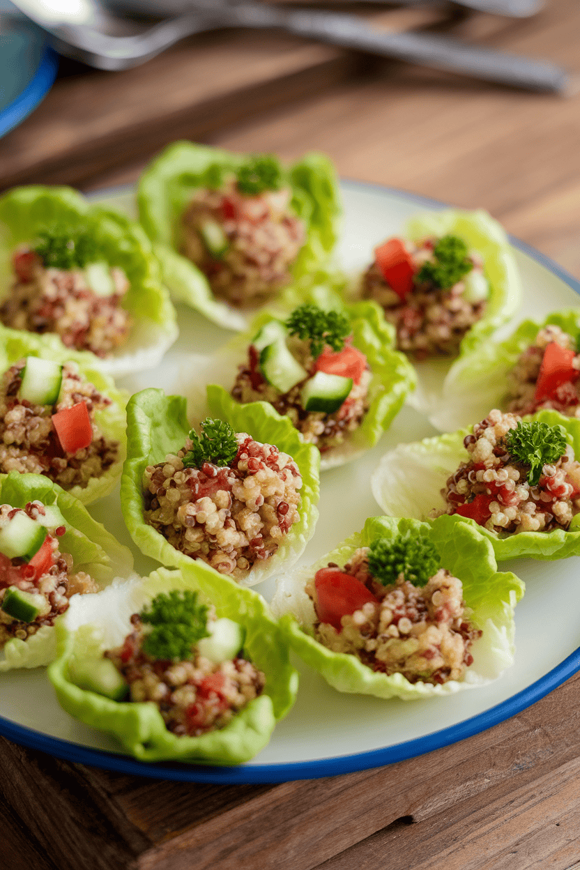 An indoor plate with small butter-lettuce leaves each holding a spoonful of colorful quinoa salad studded with diced cucumber, tomato, and parsley. No logos or text. Photo only.