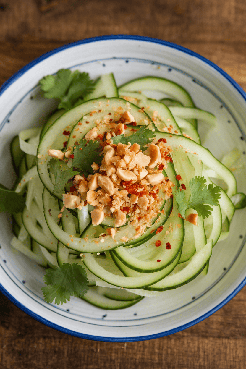 Indoor plate of thin cucumber ribbons sprinkled with red chili flakes, crushed peanuts, and cilantro. Photo only, no text or logos.