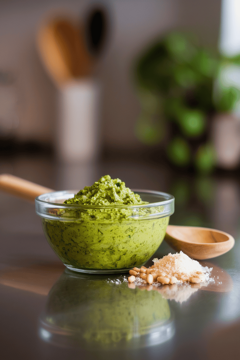 A glass bowl on an indoor counter filled with vibrant green basil pesto, a wooden spoon resting beside a small pile of grated Parmesan and pine nuts. Soft ambient light, no text or logos. Photo, not illustration.