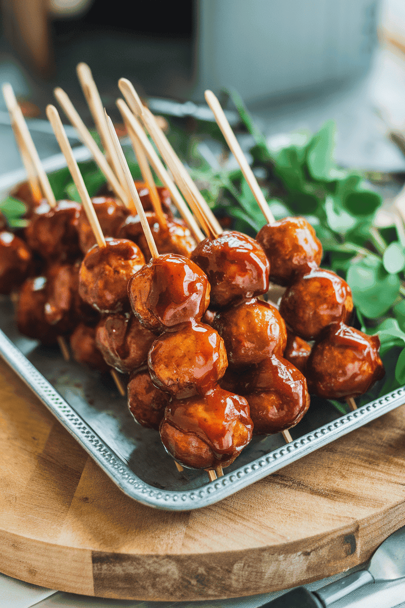 Short wooden skewers threaded with glazed meatballs on an indoor serving tray, barbecue sauce coating visible; no text or logos. Photo, not illustration.