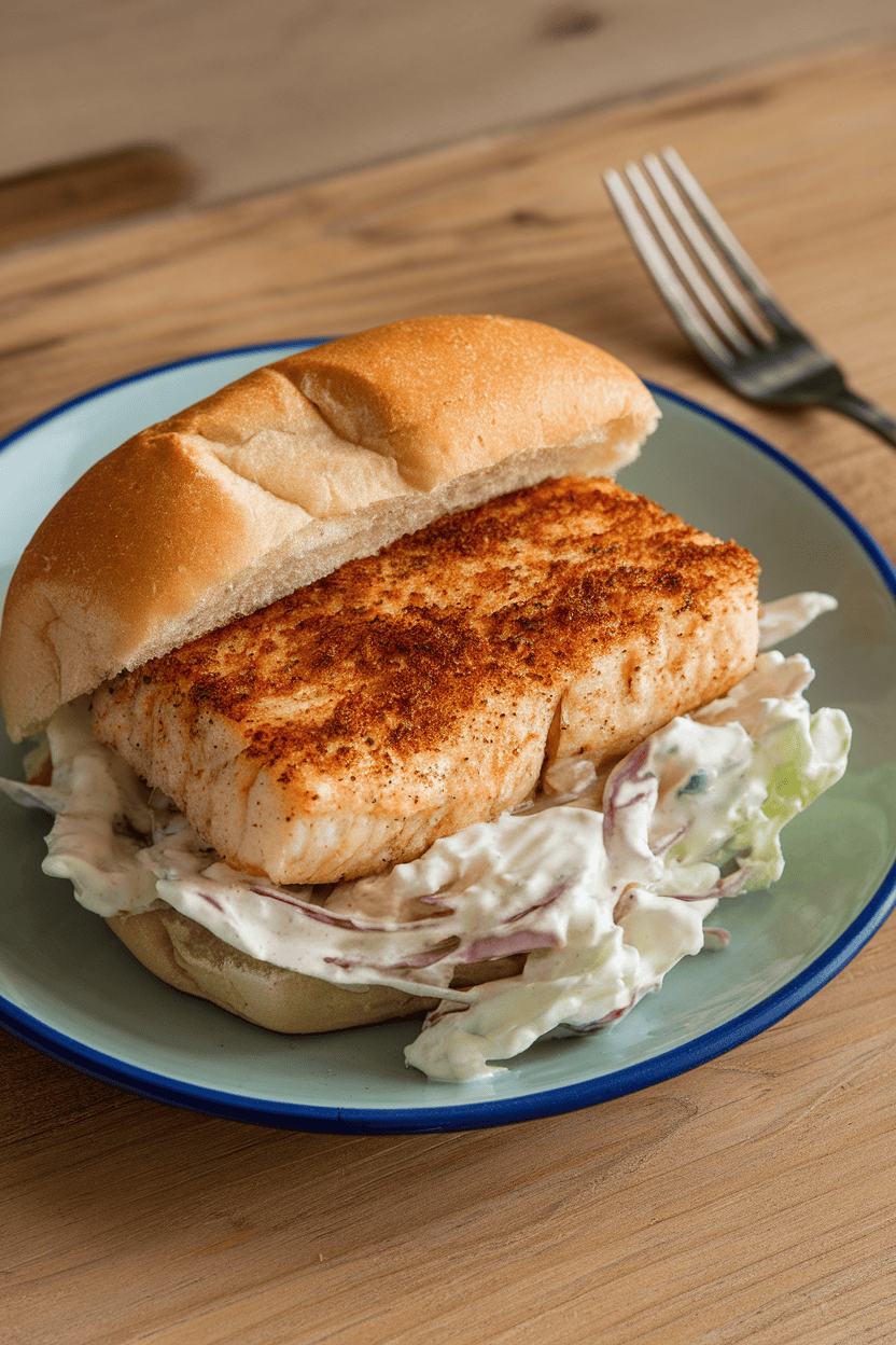 An indoor diner-style plate showing a cooked, spice-crusted fish fillet tucked in a soft roll with creamy slaw spilling out. No branding visible.
