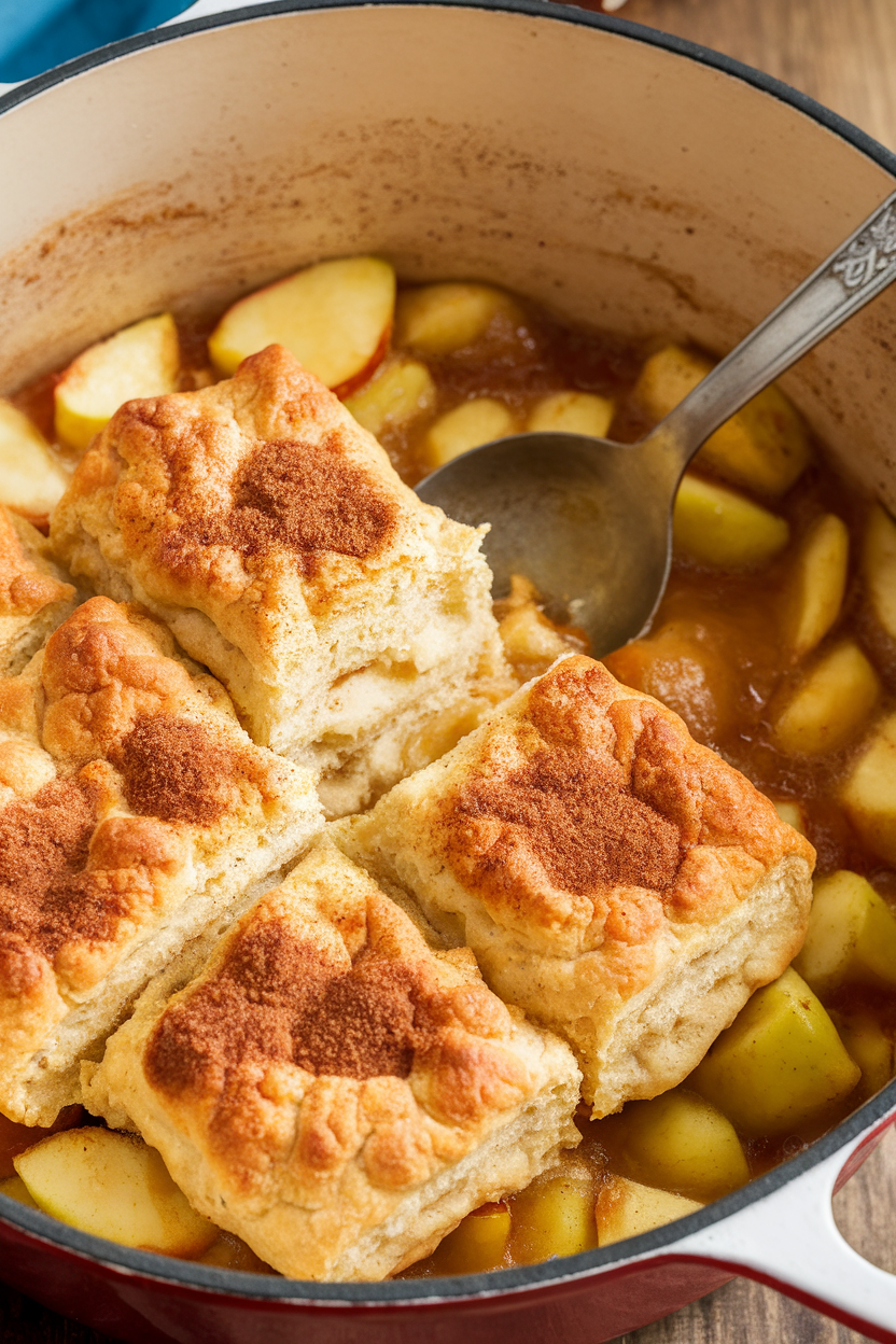 Indoor photo of golden biscuit topping dotted with cinnamon sugar over tender apple filling in a Dutch oven; a serving spoon reveals bubbling fruit. No logos or text.