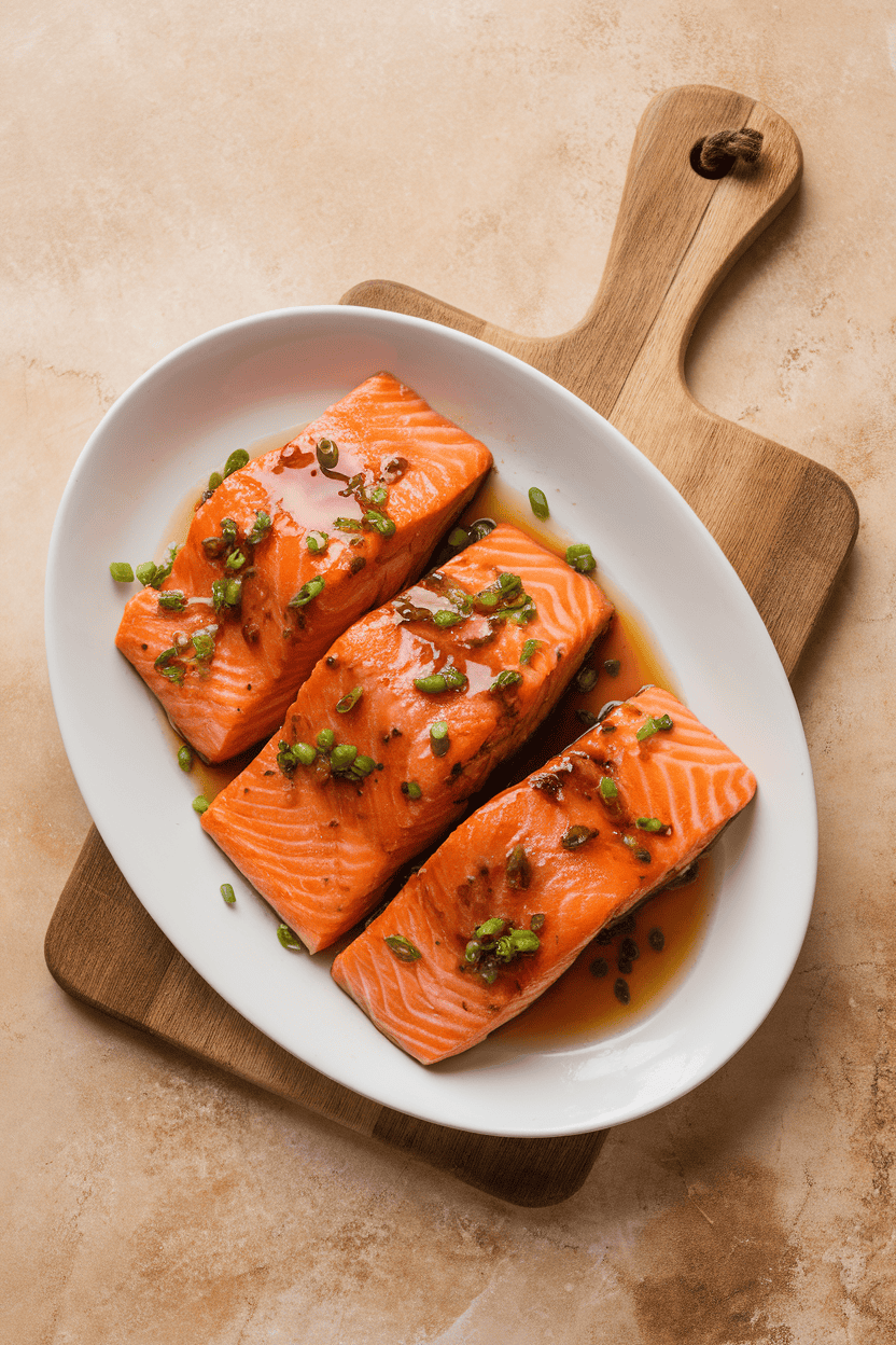 Indoor dining table showing a white platter of fully cooked salmon fillets glazed with shiny maple syrup and soy sauce mixture, scattered with green onions; no text or logos.