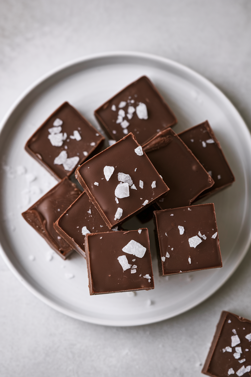 Indoor photo of square chocolate fudge pieces layered on a white plate, sea salt flakes on top. No text or logos.