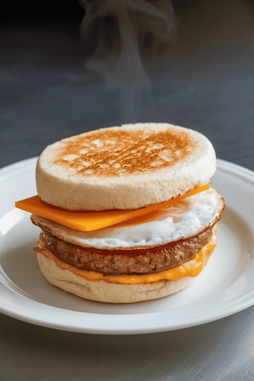 An indoor table scene showing a toasted English muffin sandwiching a sausage patty, fried egg, and cheddar slice; steam rising, no visible brands or text. Photo, not illustration.