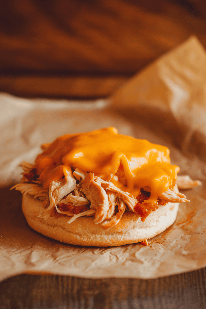 Indoor photo of an English muffin loaded with shredded BBQ chicken and melted cheddar, parchment paper underneath. No logos, warm light.
