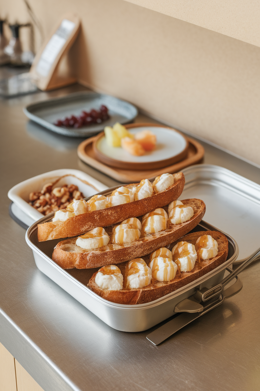 Indoor breakfast counter photo of toasted baguette rounds smeared with ricotta and drizzled lightly with honey, stacked inside a lunch container. No text or logos.