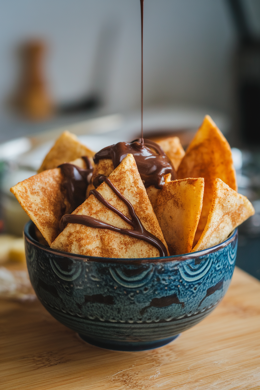 Indoor photo of a bowl piled with cinnamon-sugar tortilla chips drizzled lightly with chocolate sauce. No text or logos.