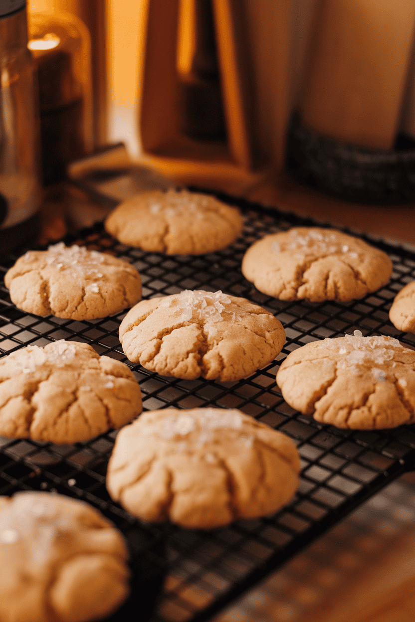 Indoor photo of pale sand-dollar shaped cookies dusted with coarse sea salt flakes on a cooling rack, warm kitchen lighting, no text or logos