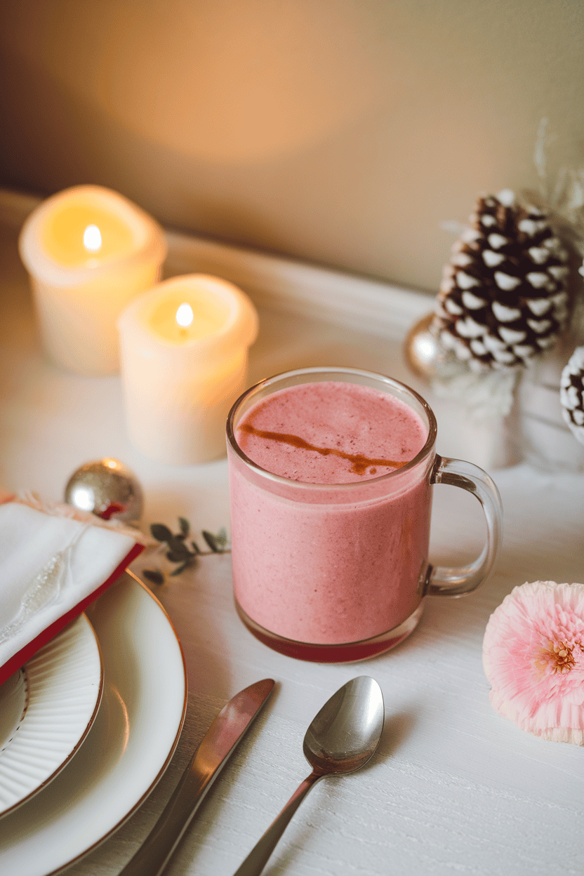 Indoor holiday-themed table with a rosy cranberry smoothie in a clear mug, tiny drizzle of maple syrup on foam; soft candle-like lighting; photograph, not illustration; no text or logos.