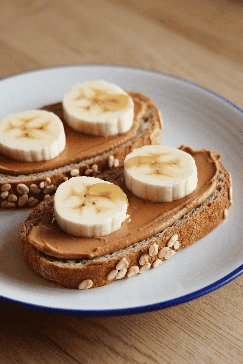 Indoor photo of whole-grain bread spread with peanut butter, banana rounds, and a drizzle of honey, no text or logos.
