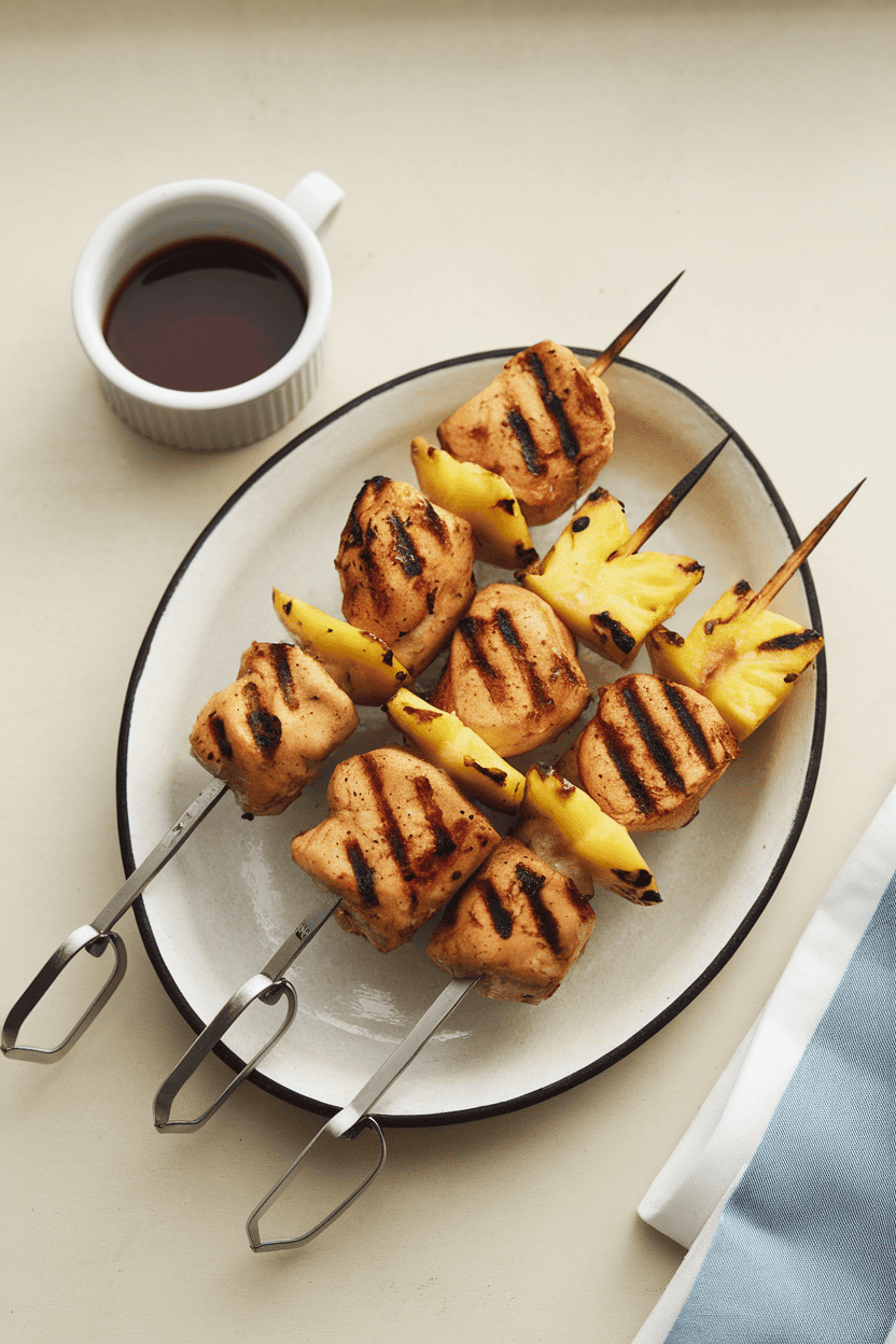 Photo prompt: Indoor tabletop scene showing cooked chicken and pineapple skewers resting on a simple platter, slight grill marks visible, with a small cup of teriyaki glaze beside them; no text, no logos.