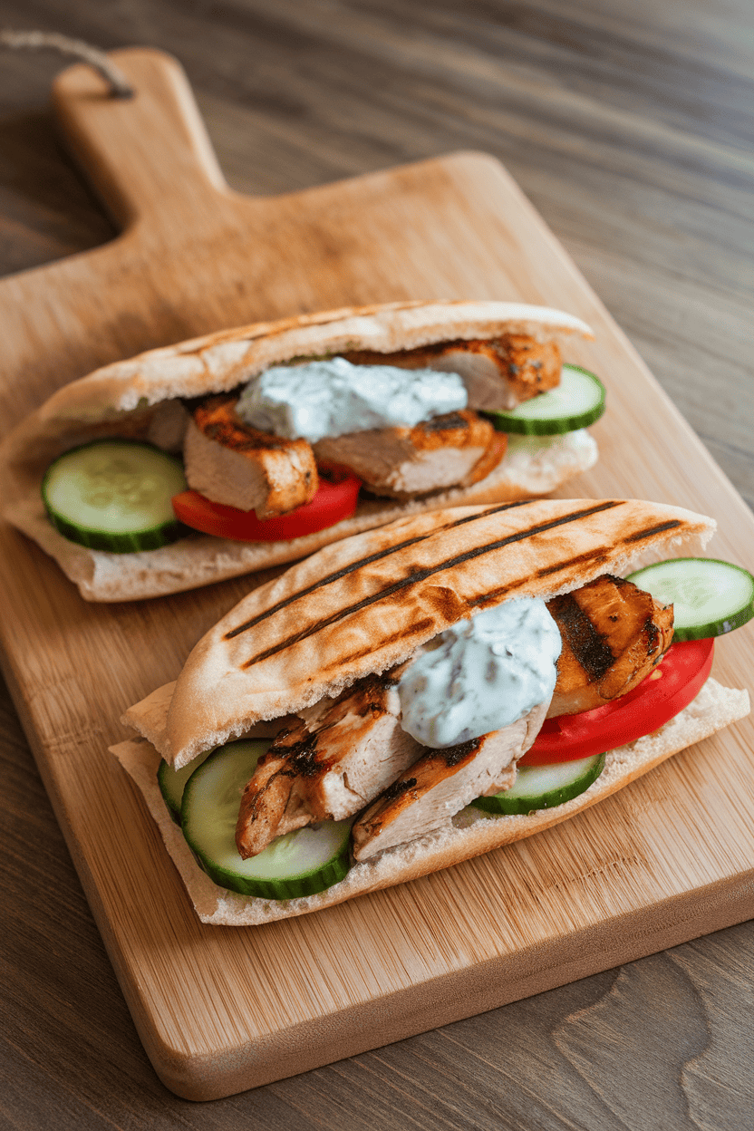 An indoor cutting board featuring warm pita halves stuffed with grilled chicken, cucumber, tomato, and a dollop of tzatziki. No logos or text visible.