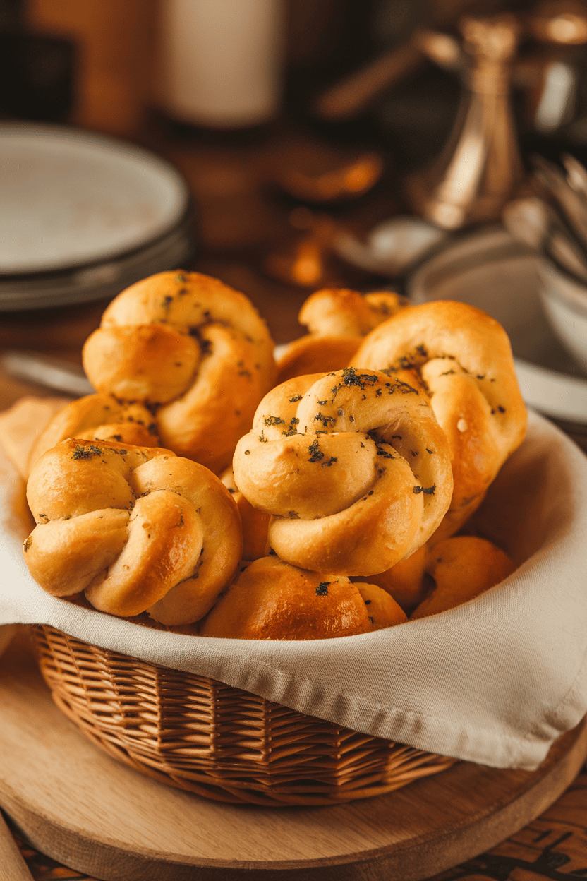 An indoor bread basket lined with cloth, filled with shiny garlic-butter knots sprinkled with parsley; warm lighting, no text or logos. Photo, not illustration.