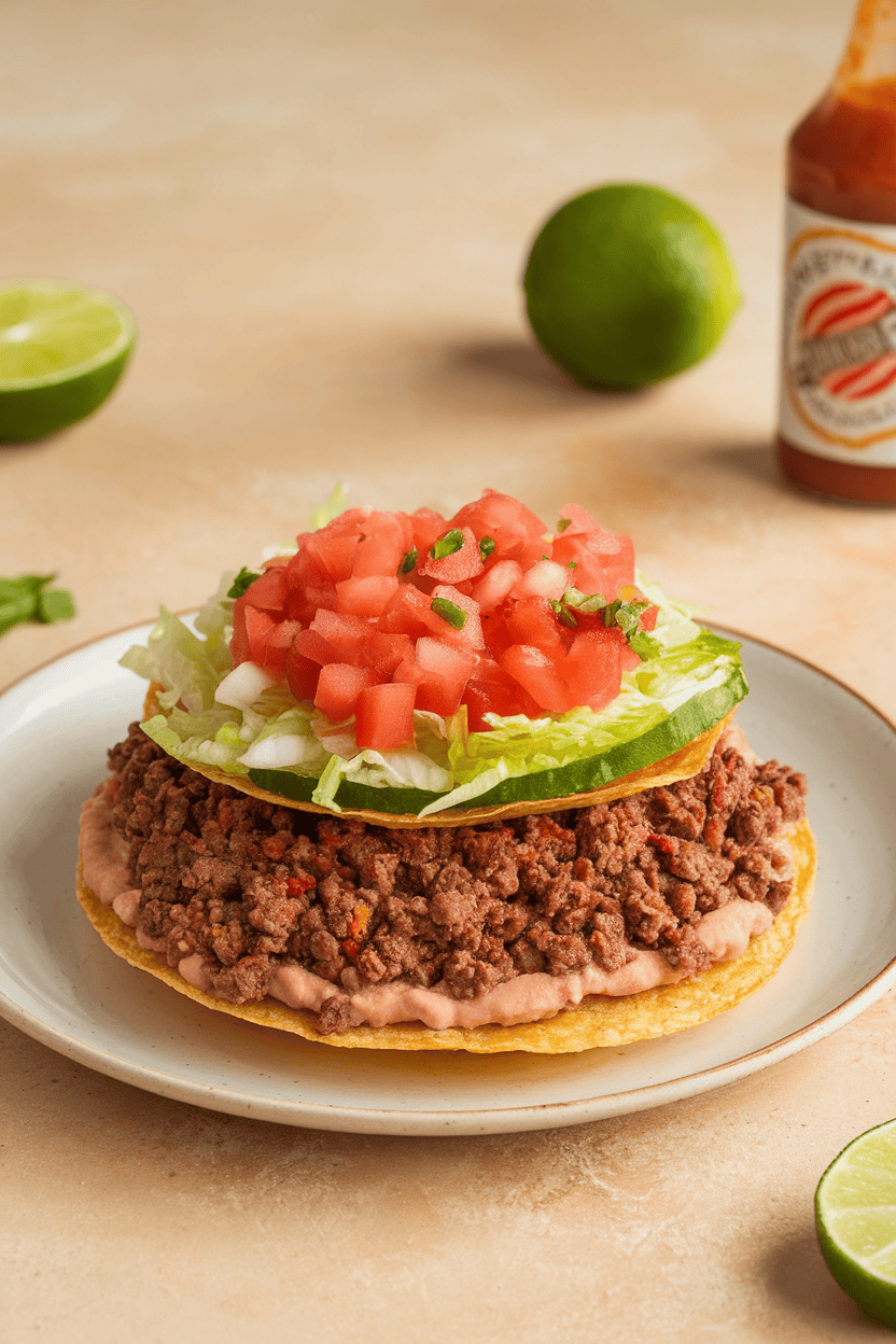 An indoor plate with crispy tostada shells layered with refried beans, seasoned ground beef, lettuce, and pico de gallo; photo, no text or logos.