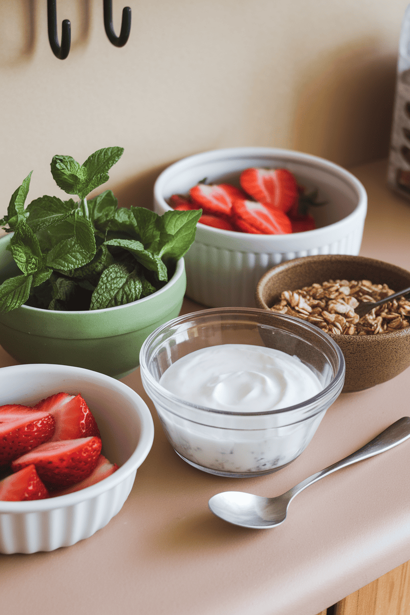 Indoor photo of an assortment of bowls holding yogurt, granola, and sliced fruit set up on a countertop for DIY parfaits; no text or logos