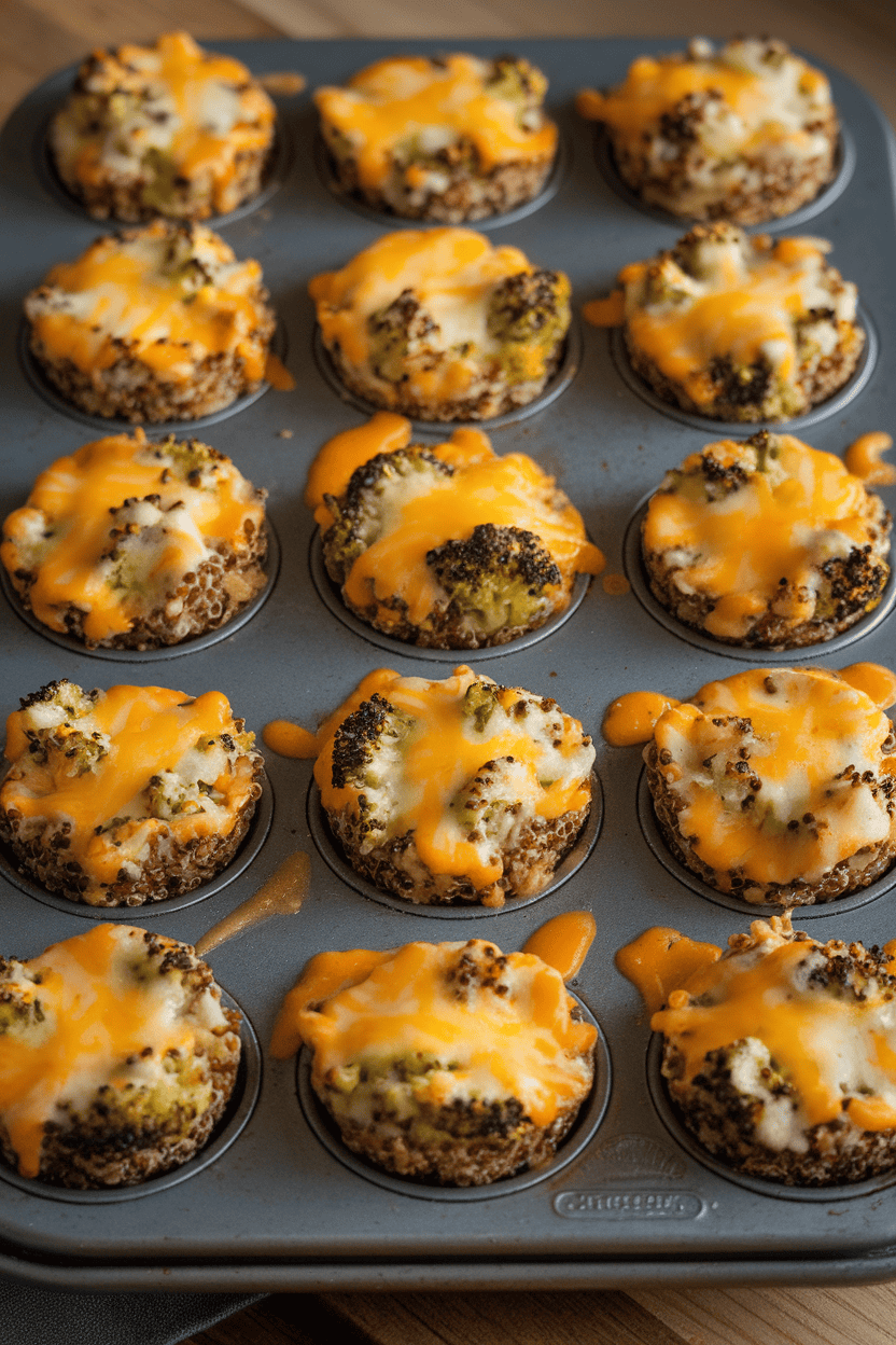 An indoor baking tray of mini muffin-sized quinoa bites studded with broccoli bits and melted cheddar tops bubbling slightly. No text or logos present.