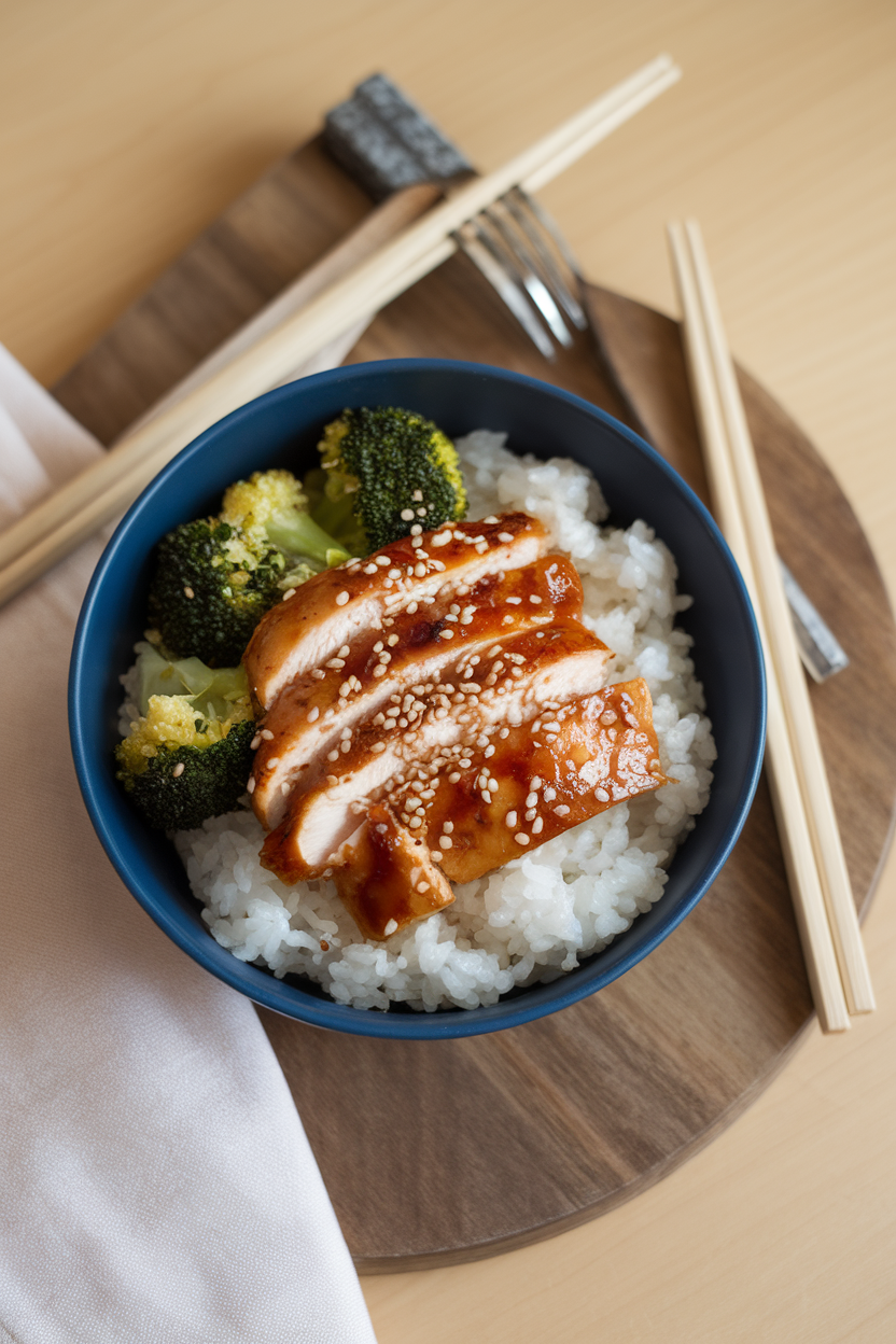 Indoor photo of a rice bowl topped with cooked teriyaki chicken thigh slices, steamed broccoli, and sesame seeds. Gentle overhead lighting, no logos or text.
