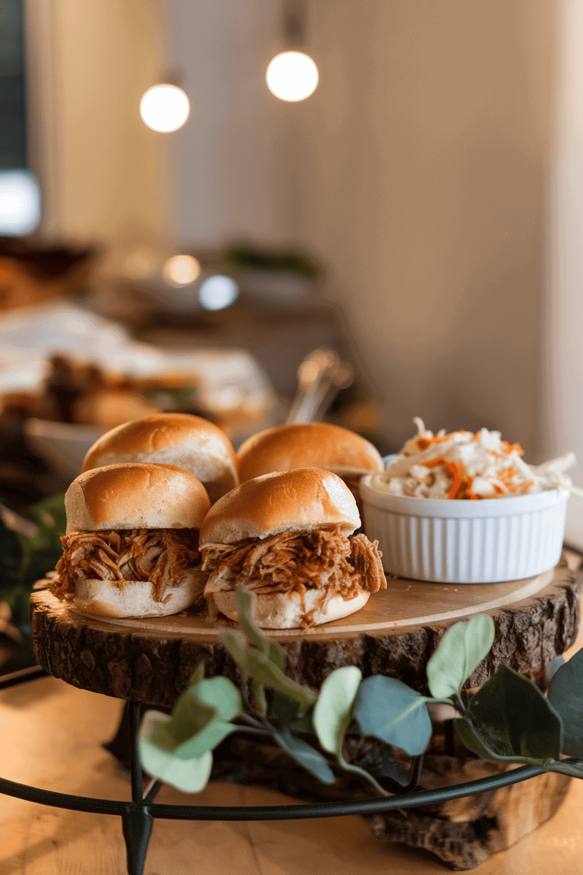 An indoor buffet table featuring three small brioche buns stuffed with saucy pulled pork, a ramekin of coleslaw off to the side. Photo, not illustration. No text or logos.