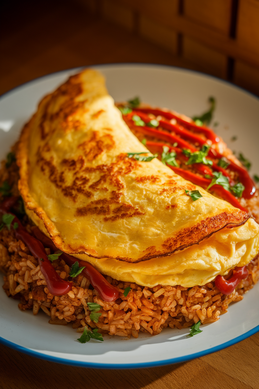 Indoor photo of a fluffy omelet draped over ketchup-seasoned fried rice, garnished with chopped parsley. Warm indoor lighting, no text or logos.