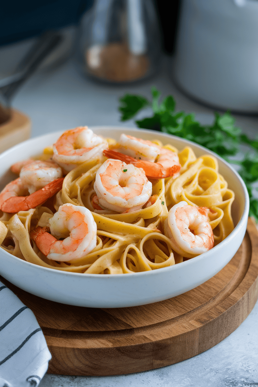 Indoor white bowl of linguine dotted with cooked pink shrimp, glistening in garlic butter, parsley sprinkled on top. No text or logos.