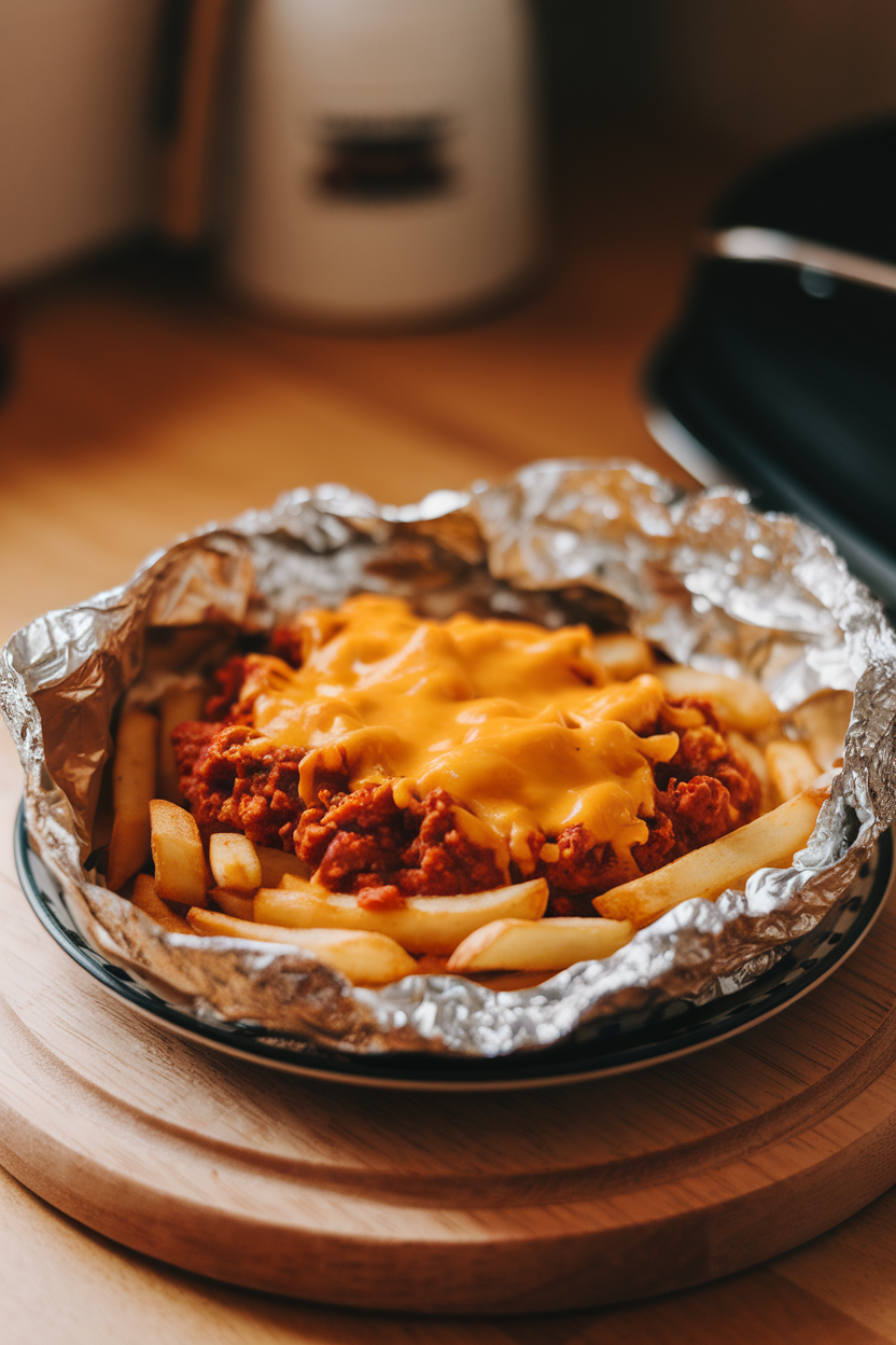 Indoor photo of a foil packet opened to reveal crispy fries smothered in chili and melted cheddar on a plate. No logos or text present.