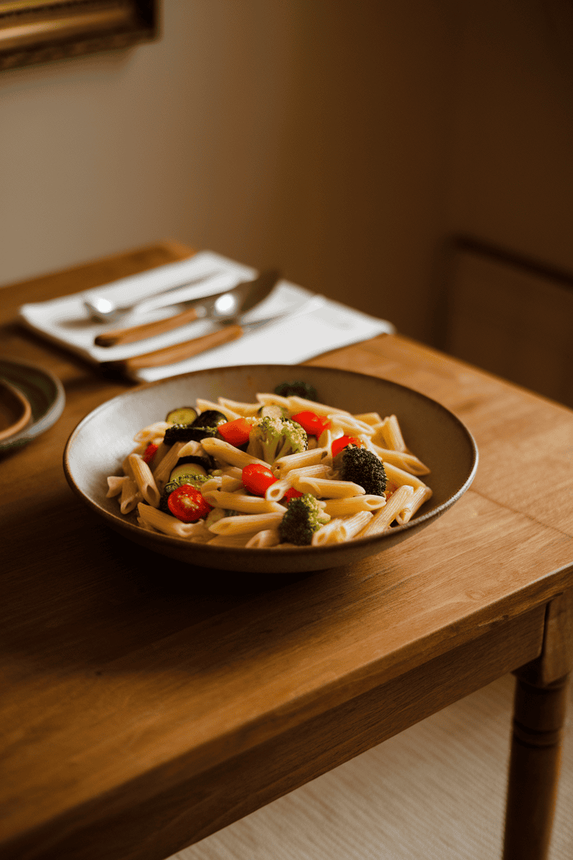 Indoor dining table with a shallow bowl of penne pasta tossed in light garlic butter sauce, dotted with bright broccoli, cherry tomatoes, and zucchini. No text or logos, warm light. Photo only.