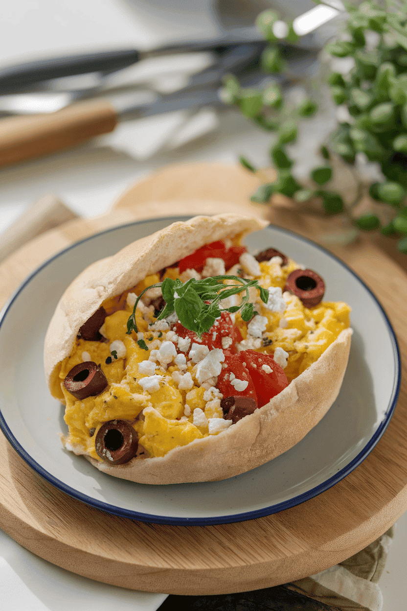 An indoor plate with an open pita stuffed with scrambled eggs, olives, tomatoes, and feta crumbles; no text or logos, soft overhead light. Photo, not illustration.