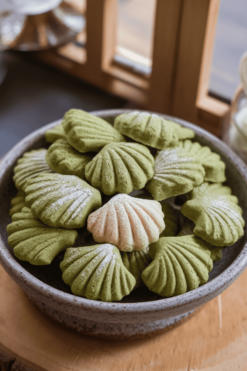 Indoor photo of shell-shaped cookies tinted pale green with matcha powder, sprinkled lightly with powdered sugar, displayed on a ceramic platter, diffused daylight, no text or logos