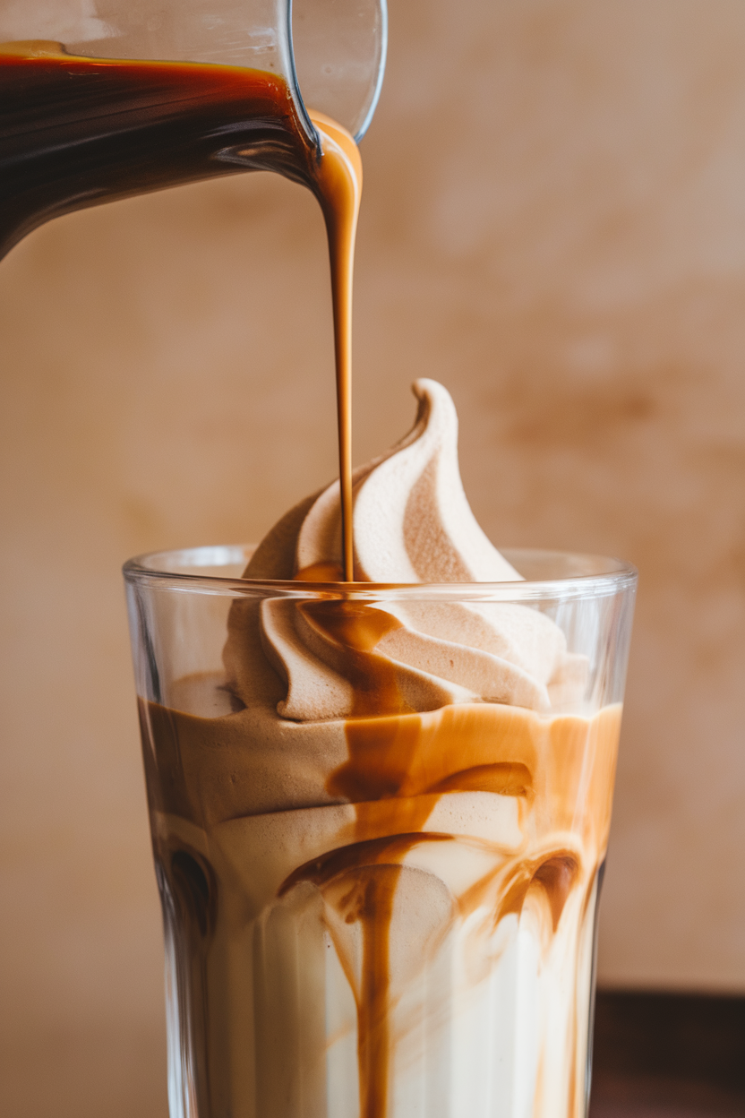 A clear glass showcasing vanilla gelato with a shot of hot espresso being poured over, indoor shot. Photo, no text or logos.